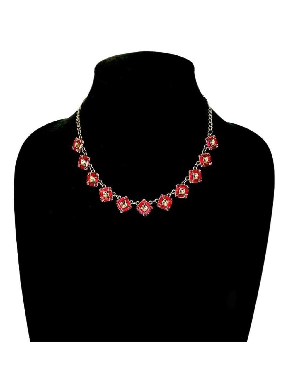 WHBM | Ruby Red Crystal & Gunmetal Art Deco Geometric Necklace | NWOT